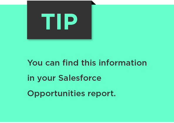 Tip: You can find this information in your Salesforce Opportunities report. 